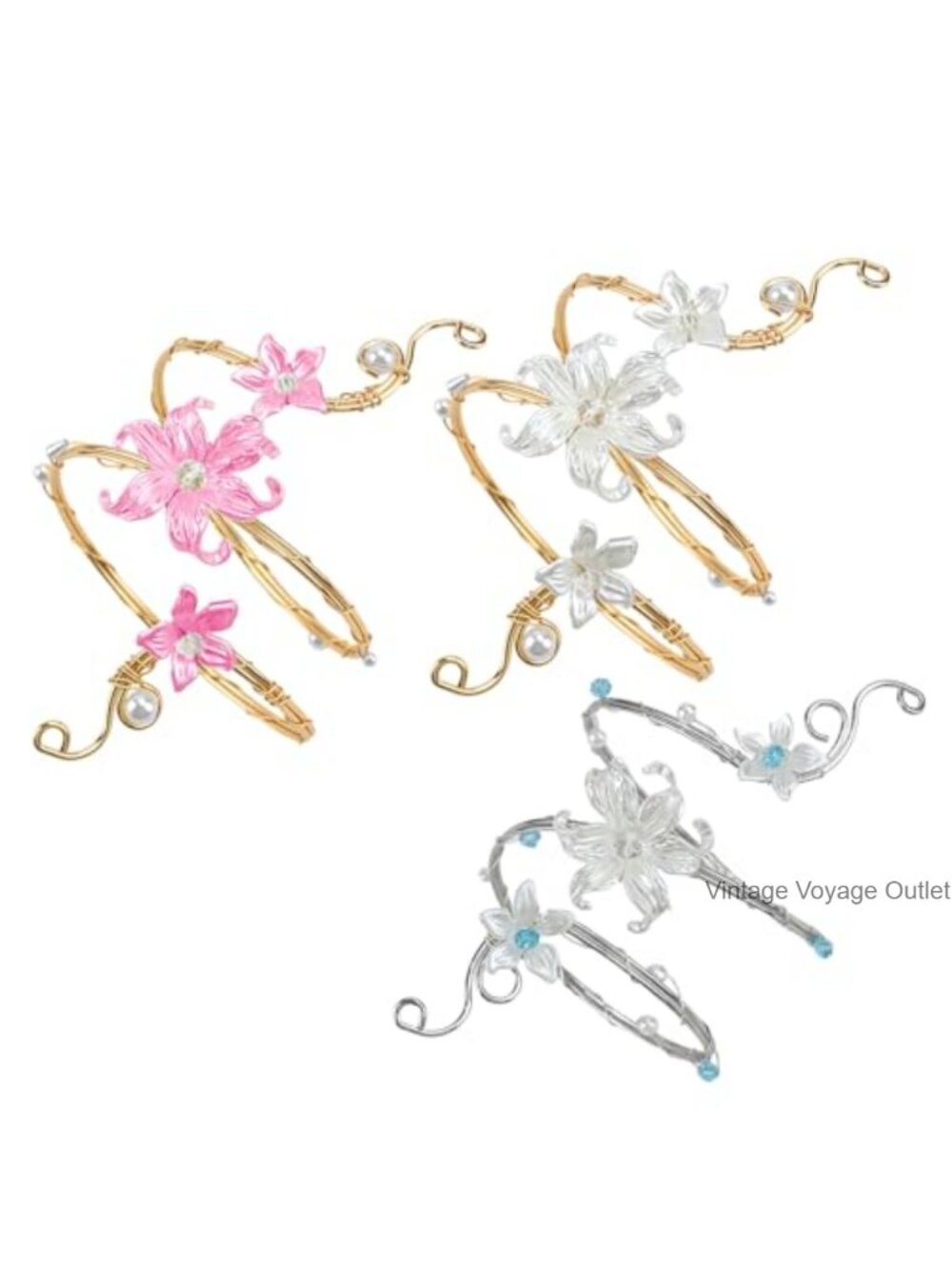 Gold Arm Cuff Floral Bangle Set 3Pc Adjustable Flower Upper Arm Jewelry